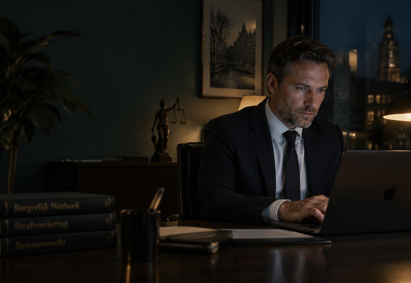 Advocaat werkt 's avonds achter een laptop op kantoor